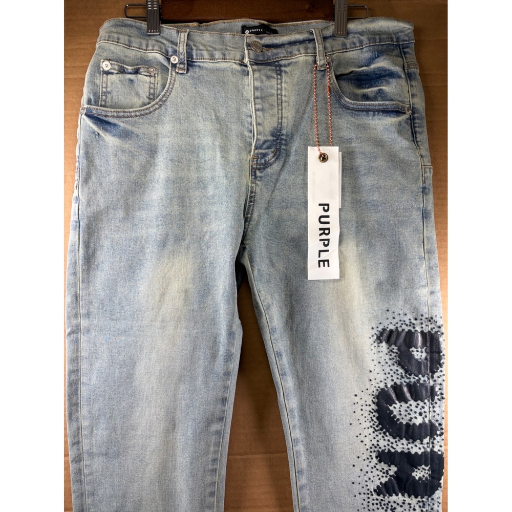 Purple Brand Jeans Mens 34 Light Blue Logo Graphic Slim Fit Denim 202306 NWT - Picture 8 of 10